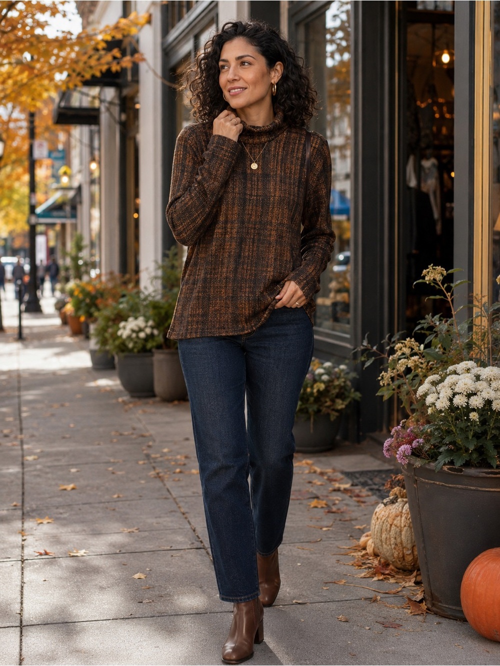 NWT Premise Brown Plaid Turtleneck Top Womens L Stretch Lined Long Sleeve Knit
